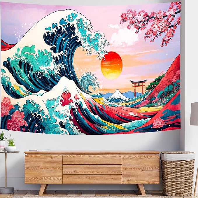 Delur Great Wave Tapestry Japanese Sunset Ocean Sea Wave Off Kanagawa Tapestry Wall Hanging Vintage Asian Anime Cherry Blossom Nature Headboard for Bedroom Living Room Home Decor (51.2" x 59.1")
