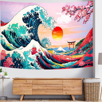 Delur Great Wave Tapestry Japanese Sunset Ocean Sea Wave Off Kanagawa Tapestry Wall Hanging Vintage Asian Anime Cherry Blossom Nature Headboard for Bedroom Living Room Home Decor (51.2" x 59.1")
