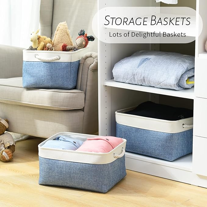 TcaFmac Storage Basket for Organizing - Large 4 Pack Fabric Storage Bins Baskets for Shelves with Ropes, Foldable Storage Cubes for Closet Cloth Toy (White & Blue16x12x8 inch)