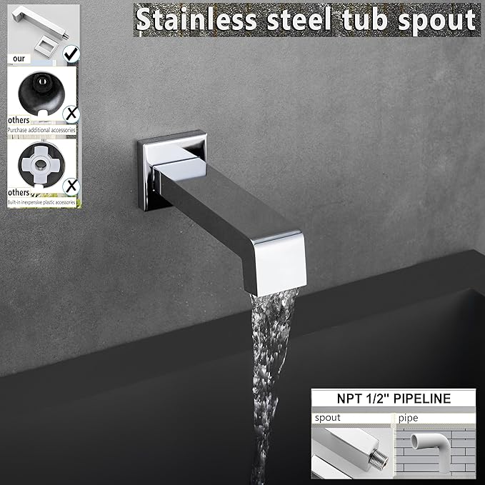 Shower Faucet Set, Tub Shower Faucet with 6-Inch Rainfall Shower Head and Tub Spout, Shower Tub Faucet Set Complete (Included Shower Valve), Tub Shower Trim Kit, Polished Chrome