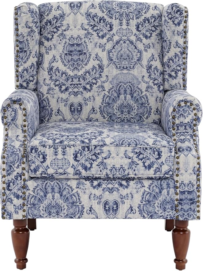 UIXE High Back Floral Accent Chair, Fabric Upholstered Armchair for Living Room, Retro Wingback Arm Chair with Solid Wood Legs, Nailhead Trim Single Sofa Bedroom Reading Seat - Navy Blue