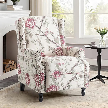 UIXE Pushback Recliner Chair, Fabric Upholstered Armchair Push Back Accent Chair for Living Room, Rivet Trim Home Theater Single Sofa Bedroom Reading Seat with Footrest - Beige Floral
