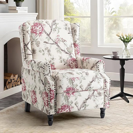 UIXE Pushback Recliner Chair, Fabric Upholstered Armchair Push Back Accent Chair for Living Room, Rivet Trim Home Theater Single Sofa Bedroom Reading Seat with Footrest - Beige Floral