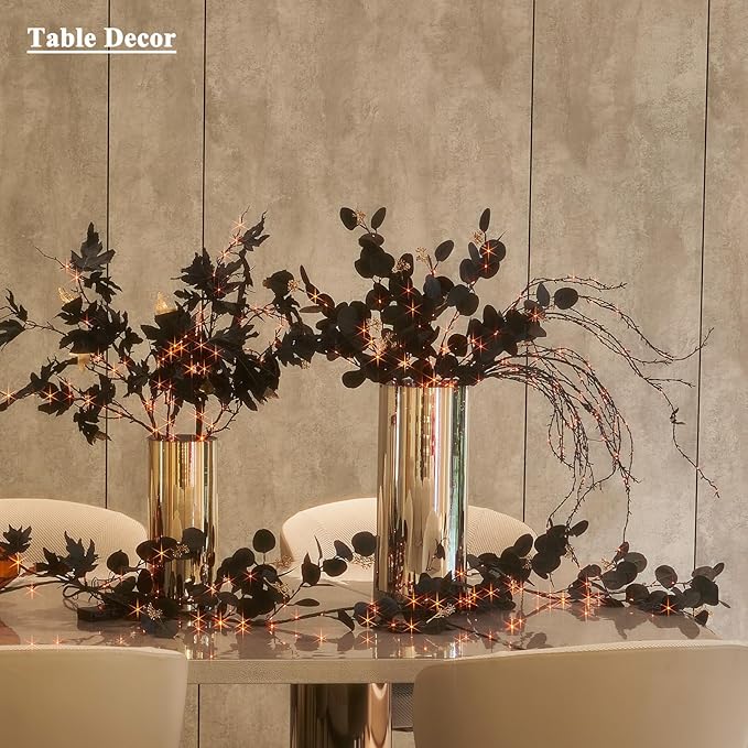 Birchlitland Halloween Black Maple Garland with Lights Timer 48 LED Orange and Warm White Fairy Lights, Battery Operated for Indoor and Outdoor Halloween Party Decoration