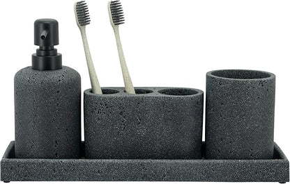ZCCZ - Black Bathroom Accessories Set 4 Pcs - Toothbrush Holder, Soap Dispenser, Vanity Tray, Bathroom Tumbler - Countertop Vanity Organizer - Bathroom Accessory Set- Toothbrush Holder Set, Stone Sets