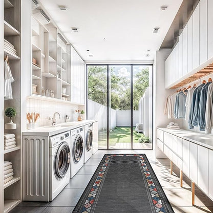 Beverly Rug Outdoor Runner Rug 2x7 Modern Floral Bordered Area Rugs for Indoor and Outdoor Patio Easy to Clean Non Shedding Living Room Porch Garden Washable Outside Carpet (2 x 7 Dark Gray)