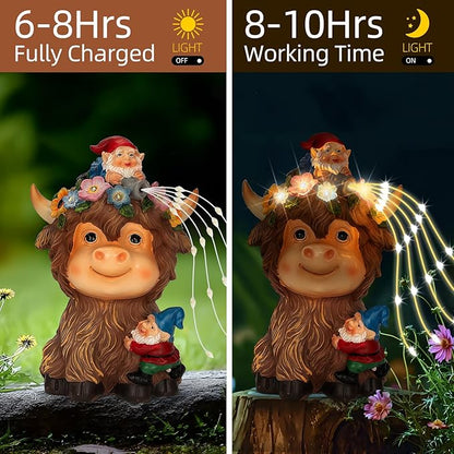 Solar Highland Cow Outdoor Statues for Garden: Outside Decor with Funny Gnomes Clearance for Yard Art Lawn Ornaments Porch Patio Balcony Home House - Birthday Gifts for Grandma Mom Women(Cow Gnome)