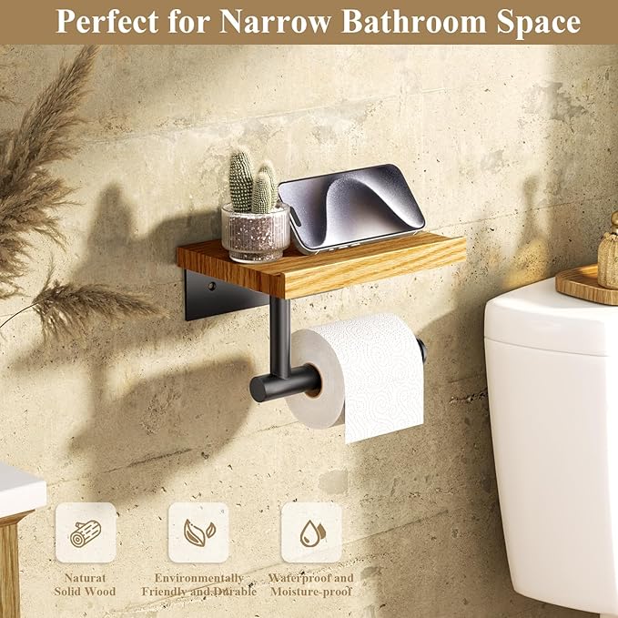 Tindbea Toilet Paper Holder with Wood Shelf, Wooden Wall Mount Tissue Roll Holder, Matte Black Stainless Steel Bathroom Accessories Decor for Household Home Apartment Restroom Essential (Red Oak)