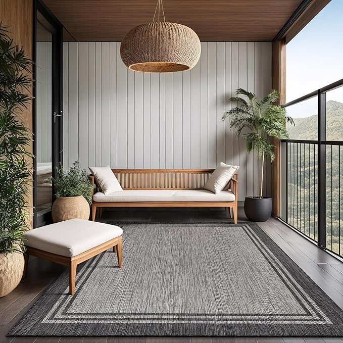 Bordered Outdoor Rug 5x7 Washable Outside Carpet for Indoor Patio Porch Waterproof Easy Cleaning Non Shedding Area Rugs Dark Gray 5 x 7