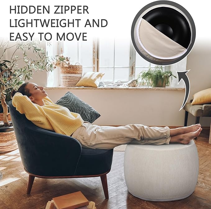 2 Pack Round Inflatable Pouf Ottoman Foot Rest for Couch 20 x 16 Inch Cozy Portable Floor Corduroy Poufs Foot Stool Ottoman with Pump for Living Room Bedroom Chair, Beige