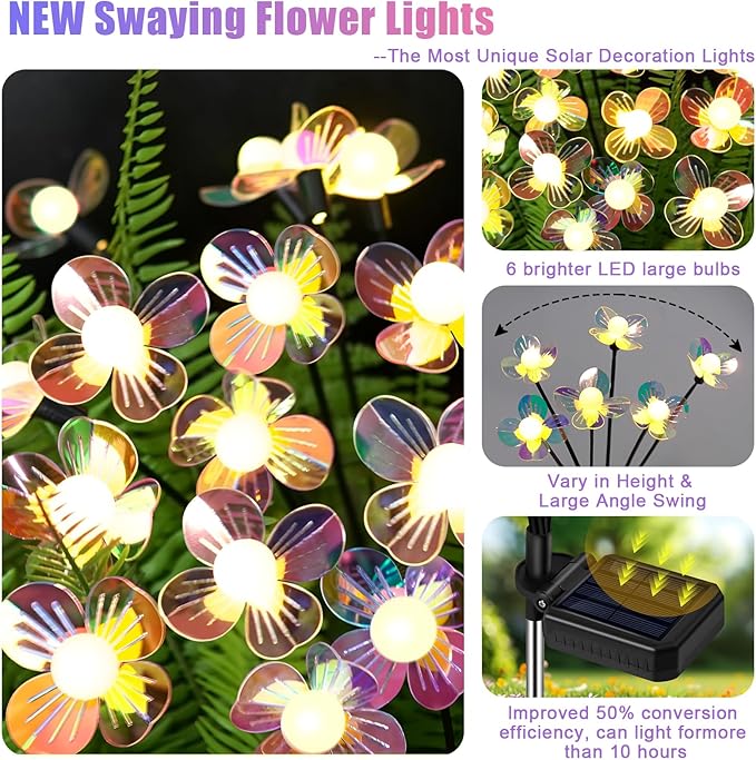 Solar Garden Lights Outdoor, New Upgraded 4-Pack Firefly Solar Lights with Iridescent Petals & Warm White Glow - Waterproof Wind-Swaying Decor for Yard, Patio
