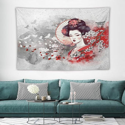 Japanese Geisha Tapestry Asian Red Cherry Blossom Traditional Kimono Folk Tapestries Home Decor for Living Room Bedroom Apartment Farmhouse Dorm 90"x60"