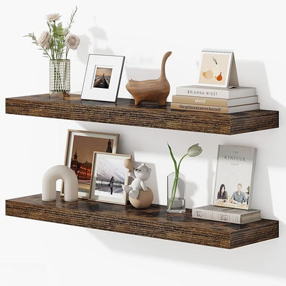 36 Inches Floating Shelves for Wall, 9.3" Deep Long Floating Shelves Set of 2, Large Display & Storage Shelf, Wall Shelf for Bathroom Bedroom Living Room Kitchen Office, Rustic Brown