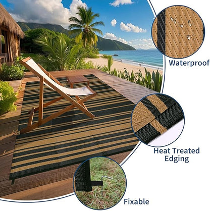 Waterproof Outdoor Rug 8x10 Contemporary Reversible Plastic Straw Rug, Easy Cleaning Striped Patio Carpet, UV-Resistant Indoor Outdoor Floor Cover for RV, Porch, Deck, Backyard, Black Brown