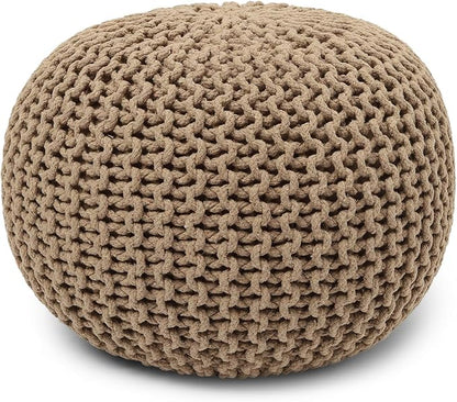 REDEARTH Round Pouf Ottoman - Hand Knitted Cable Boho Poof Home Décor Pouffe Circular Footrest for Living Room - Bedroom - Lounge - 100% Cotton (19.5"x19.5"x14") - Beige