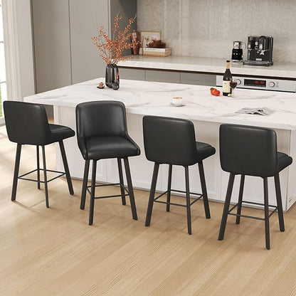 Swivel Bar Stools, 26''H Upholstered Barstools with Backs, Modern Counter Height Bar Stool Chairs for Kitchen Island, Metal Legs (Black- Faux Leather, Set of 4-26" H)