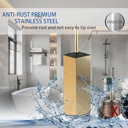 BGL Square Toilet Brush with Holder,Stainless Steel Rubber Painted Toilet Bowl Brush and Holder for Bathroom,2 Cleaner Brush Heads,Gold