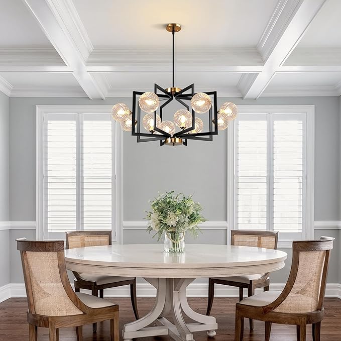 12 Light Black Farmhouse Chandelier Geometric Metal Dining Room Light Fixture Height Adjustable Black Chandeliers for Dining Room Clear Glass Farmhouse Industrial Pendant Lights for Bedroom, Entryway