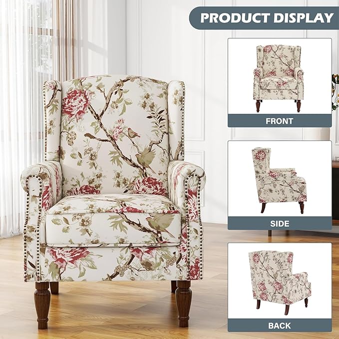 UIXE High Back Accent Chair, Fabric Upholstered Armchair for Living Room, Retro Wingback Arm Chair with Solid Wood Legs, Nailhead Trim Single Sofa Bedroom Reading Seat - Beige Floral