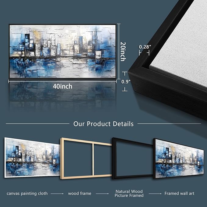 ZUITINGHUA Black Framed Canvas Wall Art For Living Room Wall Decor For Bedroom Office Wall Decorations Blue Landscape Paintings Abstraction Pictures Artwork Room Aesthetic Home Decor 20x40 In