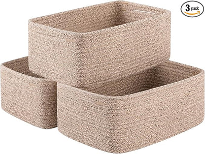 3 Pack Small Storage Baskets for Organizing, Cute Woven Decorative Gift Baskets for Shelves, Mini Closet Organizer Bins with Handles, 11.81''Lx7.87''Wx4.72''H-Brown