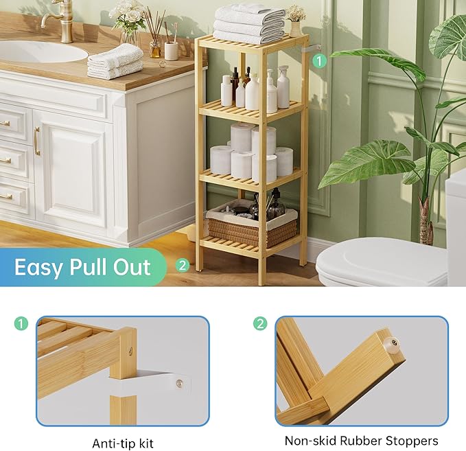 SMIBUY Bathroom Storage Shelf, 4-Tier Bamboo Rack Organizer, Multifunctional Shelving Unit for Living Room Bedroom Kitchen (Natural)