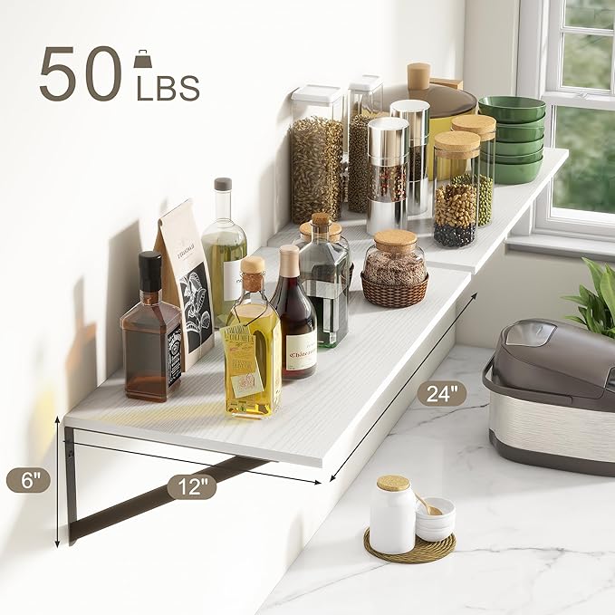 36"W x 12"D Floating Shelves, White Deep Floating Shelves for Wall with Brackets, 12 Inch Deep Wall Shelves for Books, Wide Display Storage Shelves for Bathroom, Living Room, 36 Inch Long, Set of 2