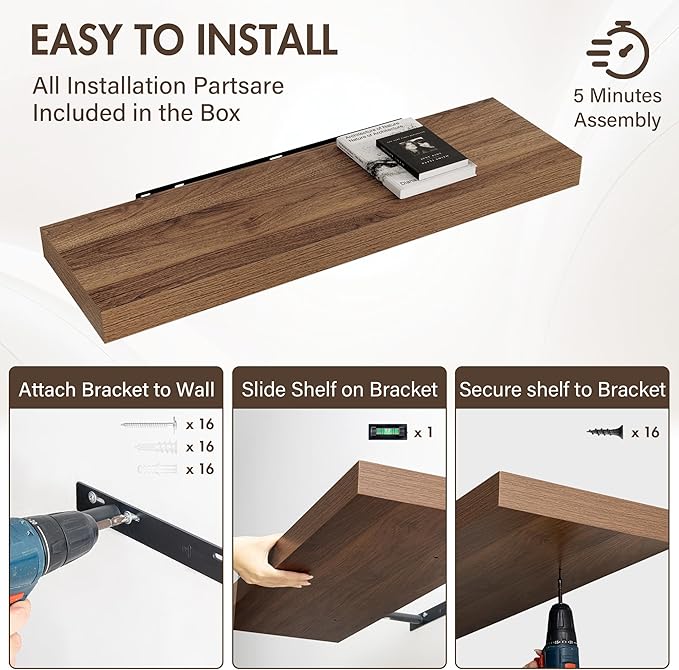 40 Inch Floating Shelves, 12" Deep Floating Shelf Wall Mounted, 40" Wall Shelves, Rustic Deep Bookshelf, Extra Deeper & Thicker Display Shelves for Bedroom, Living Room, Walnut, Set of 2