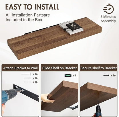 40 Inch Floating Shelves, 12" Deep Floating Shelf Wall Mounted, 40" Wall Shelves, Rustic Deep Bookshelf, Extra Deeper & Thicker Display Shelves for Bedroom, Living Room, Walnut, Set of 2