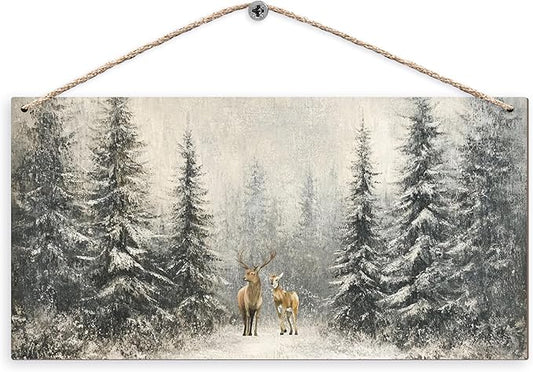 Winter Pine Tree Deer Wooden Sign, 12x6 inches, Rustic Wall Decor for Home, Office or Gifting