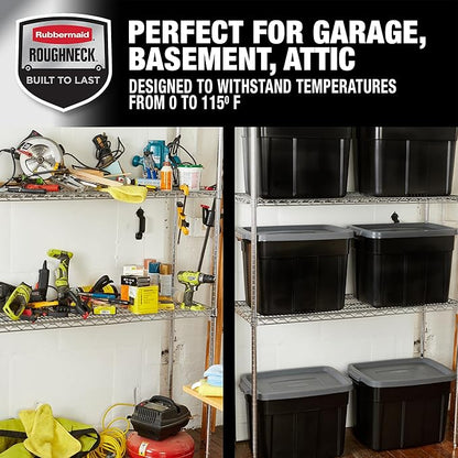 Rubbermaid Roughneck Tote 18 Gal, 6 Pack, Made in USA, Black & Gray, Rugged Plastic Stackable Storage Bins with Lids and Handles