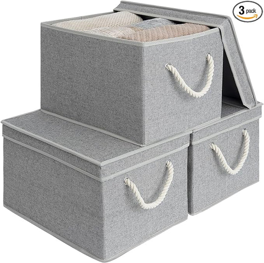 StorageWorks Storage Bins with Lids, Decorative Storage Boxes with Lid and Soft Rope Handles, Foldable Storage Baskets for Closet, Shelves, Stackable, Gray, Jumbo, 3-Pack