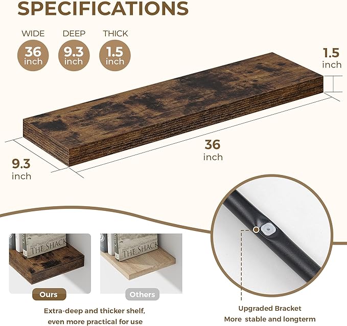 36 Inches Floating Shelves for Wall, 9.3" Deep Long Floating Shelves Set of 2, Large Display & Storage Shelf, Wall Shelf for Bathroom Bedroom Living Room Kitchen Office, Rustic Brown