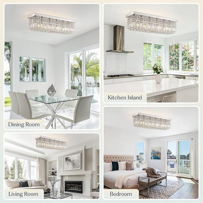 Rectangular Chandelier, Flush Mount Rectangle Chandelier Modern K9 Crystal Chandeliers Light Fixture, 6-Lights Raindrop Crystal Pendant Ceiling Light for Dining Room Bedroom Bar Club L31.5 Inch
