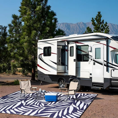 OLANLY Waterproof Outdoor Rug 8x10 ft, Reversible Outdoor Plastic Straw Rug with Leaf Pattern, RV Mat, Indoor Outdoor Carpet for Patio, Camping, Balcony, Deck, Backyard, Navy & White