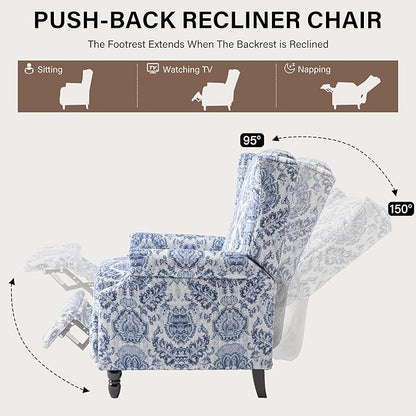 UIXE Floral Pushback Recliner Chairs Set of 2, Fabric Upholstered Armchair Push Back Accent Chair for Living Room, Rivet Trim Club Chair Home Theater Single Sofa Reading Seat - Navy Blue