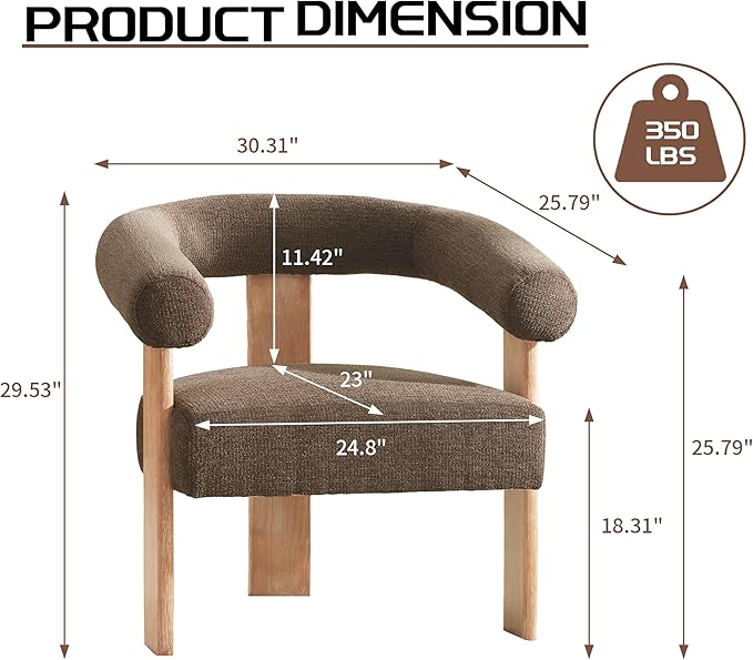 VKNOW Accent Chair Living Room Chair Set of 2, Modern Upholstered Armchair with Solid Wood Legs, Comfy Barrel Arm Chairs for Living Room Bedroom, Brown