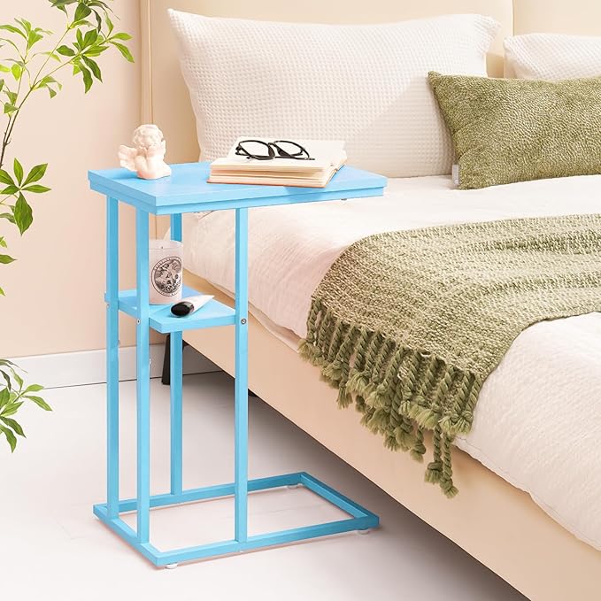 Yoobure C Shaped End Table, Side Table for Couch and Bed, Small Side Table for Small Spaces, Living Room, Bedroom, Rustic Snack Table