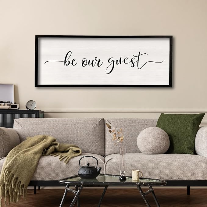 comurdyo Be Our Guest Wall Decor Sign 40”X15” Large Master Bedroom Above Bed Wall Decor Wood Framed Guest Room Sign Simple Rustic Farmhouse Over Bed Bedside Wall Art (Black)