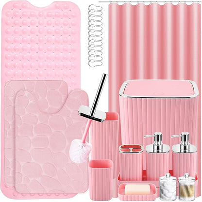 26PC Bathroom Accessories Set - Gorgeous Pink Bathroom Set, Bathroom Accessory Set, Pink Shower Curtain Set with Bathtub Mats for Shower Tub