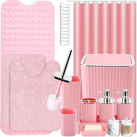 26PC Bathroom Accessories Set - Gorgeous Pink Bathroom Set, Bathroom Accessory Set, Pink Shower Curtain Set with Bathtub Mats for Shower Tub