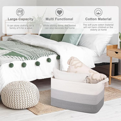 OIAHOMY Rectangle Woven Storage Basket - Nursery Cotton Rope Baskets for Storage, Toy Basket Organizing for Living Room, 17.7"x13.8"x11"- Pack of 3 - Gradient Gray