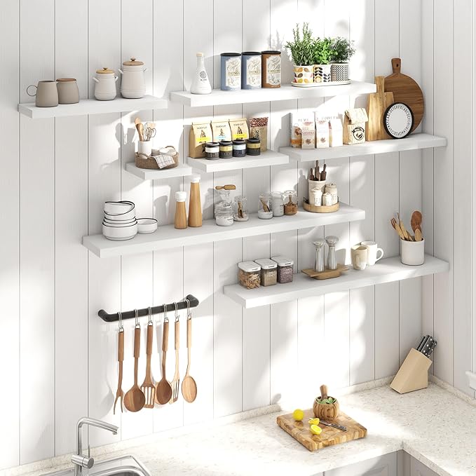 24 Inch Floating Shelves for Wall Set of 2, 8"D Wood Grain Bathroom Shelves with Invisible Brackets, Easy Install Engineered Wood Storage Shelves for Kitchen, Living Room, Bedroom, White Finish