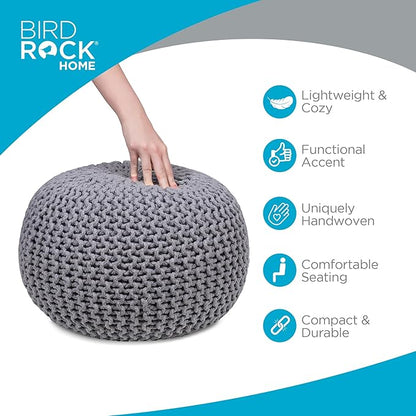 BIRDROCK HOME Round Pouf Ottoman | Cotton Braided Foot Stool with Bean Bag Filling | Boho Foot Rest for Living Room & Bedroom | Compact & Comfortable Seating, Lightweight & Soft | Light Grey