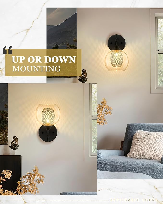 Black Wall Sconce Set of 2, Bathroom Vanity Light Fixture with Clear Glass and Honeycomb Metal Shade, Sconces Wall Lighting for Mirror Bedroom Hallway, AD-22001-1W2-BK