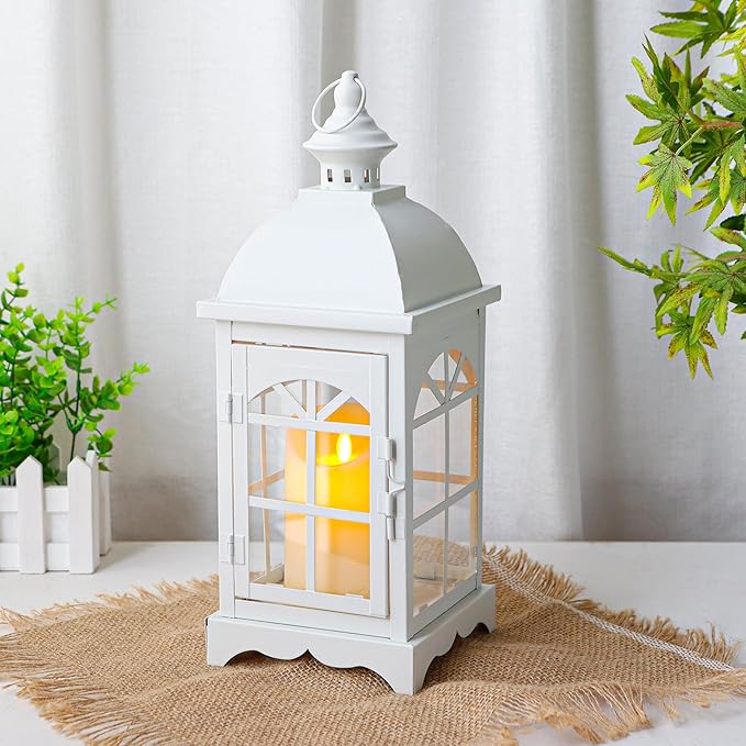 TRIROCKS Decorative Vintage Candle Lanterns 14.5" H Farmhouse Outdoor Hanging Lanterns with Tempered Glass for Porch, Balcony, Patio, Home, Centerpieces, Indoor, Outdoor(White)