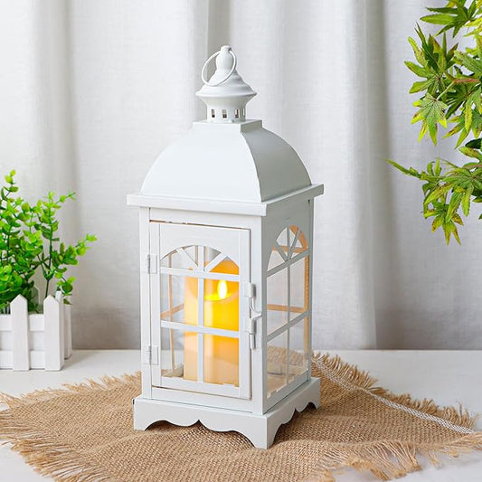 TRIROCKS Decorative Vintage Candle Lanterns 14.5" H Farmhouse Outdoor Hanging Lanterns with Tempered Glass for Porch, Balcony, Patio, Home, Centerpieces, Indoor, Outdoor(White)