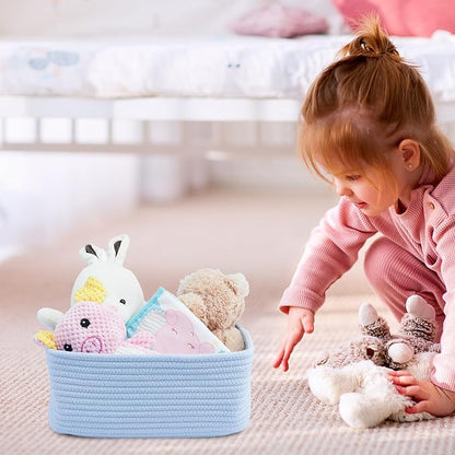 Small Woven Storage Baskets 12“X8”X5“ Decorative Rope Bins for Organizing Shelves, Closets, and Toys, Empty Gift Baskets, Cute Organizer Basket for Home and Office (blue, regular)