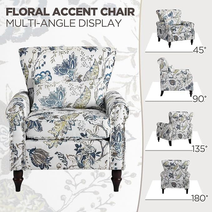 Wingback Accent Chair with Removable Pillow, High Back Floral Armchair with Solid Wood Legs & Nailhead Trim, Comfy Upholstered Reading Single Sofa Chair for Bedroom (2, Blue Floral Pattern)