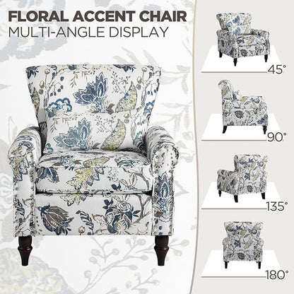 Wingback Accent Chair with Removable Pillow, High Back Floral Armchair with Solid Wood Legs & Nailhead Trim, Comfy Upholstered Reading Single Sofa Chair for Bedroom (2, Blue Floral Pattern)